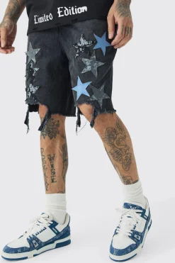 boohooMAN Tall Applique Raw Hem Denim Shorts | UK| Shorts