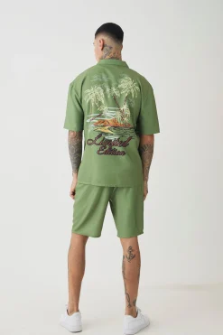 boohooMAN Tall Back Print Linen Look Shirt & Short Set | UK| Sets & Co-Ords