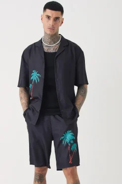 boohooMAN Tall Back Print Linen Look Shirt & Short Set | UK| Sets & Co-Ords