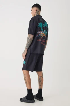 boohooMAN Tall Back Print Linen Look Shirt & Short Set | UK| Sets & Co-Ords