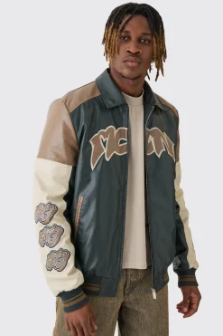 boohooMAN Tall Badge Detail Colour Block PU Varsity Jacket In | UK| Coats & Jackets