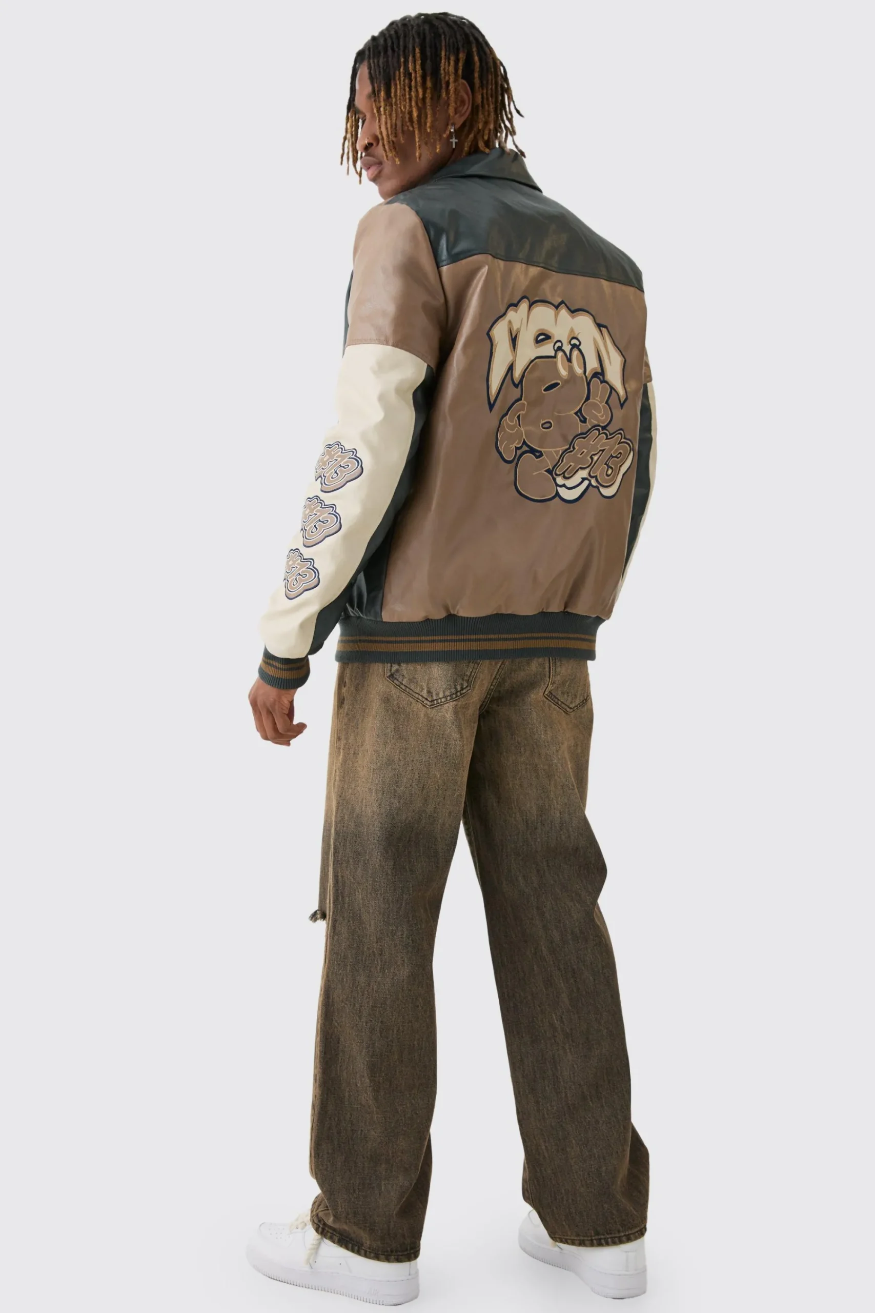 boohooMAN Tall Badge Detail Colour Block PU Varsity Jacket In | UK| Coats & Jackets