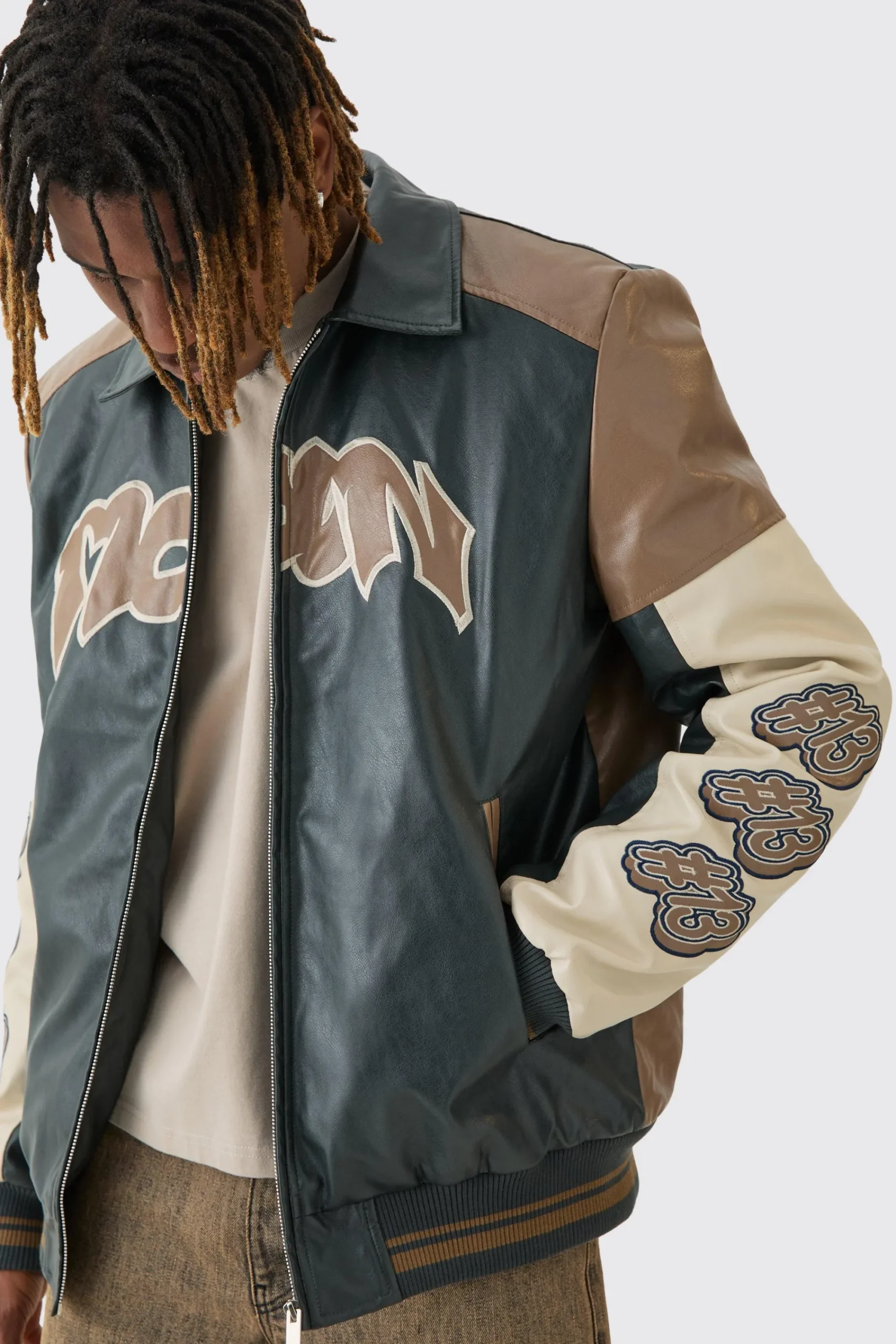 boohooMAN Tall Badge Detail Colour Block PU Varsity Jacket In | UK| Coats & Jackets