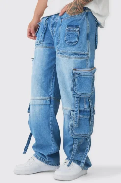 boohooMAN Tall Baggy Rigid Multi Pocket Strap Detail Cargo Jeans | UK| Trousers|Cargos