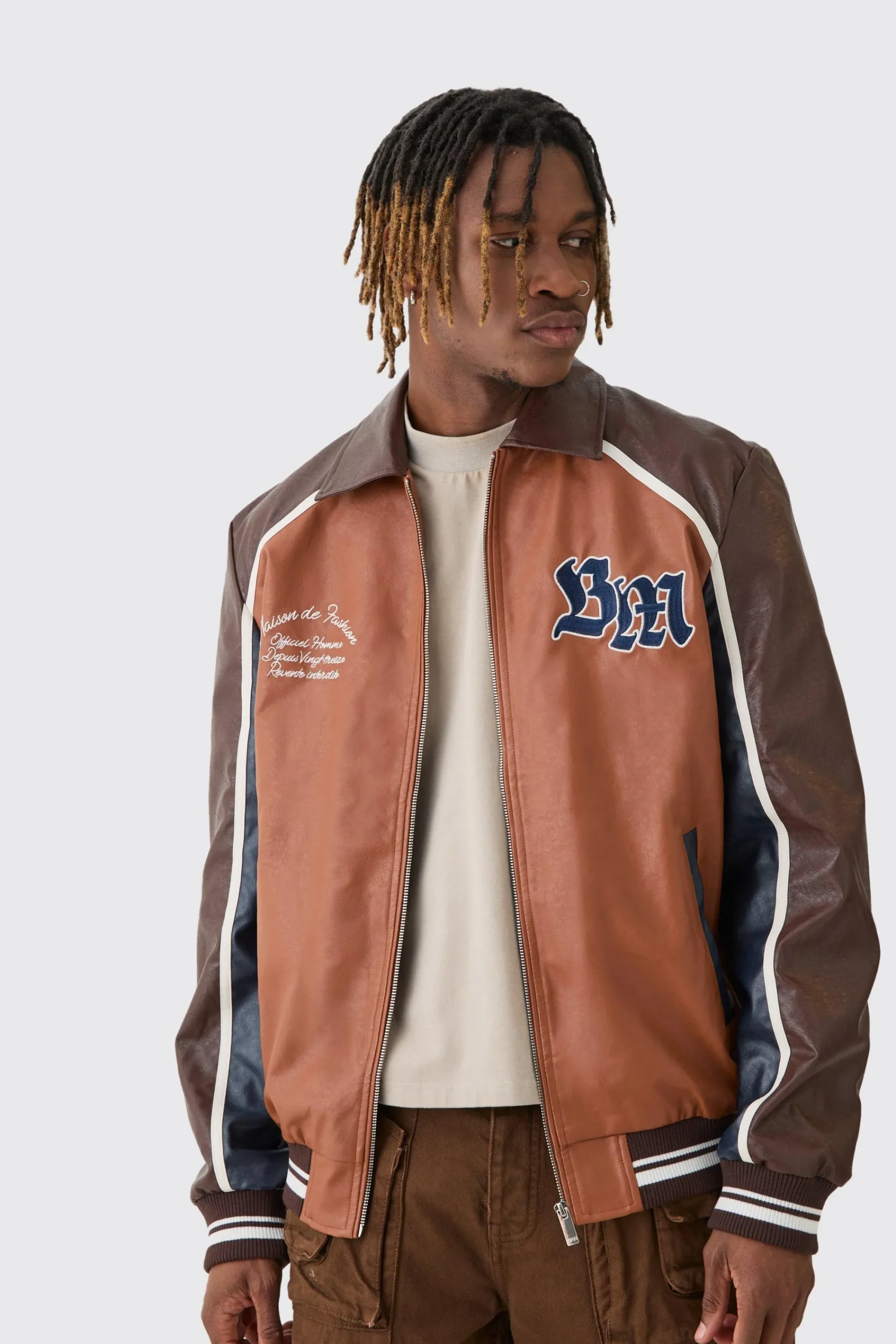 boohooMAN Tall BM Badge Collared PU Varsity Jacket In | UK| Coats & Jackets