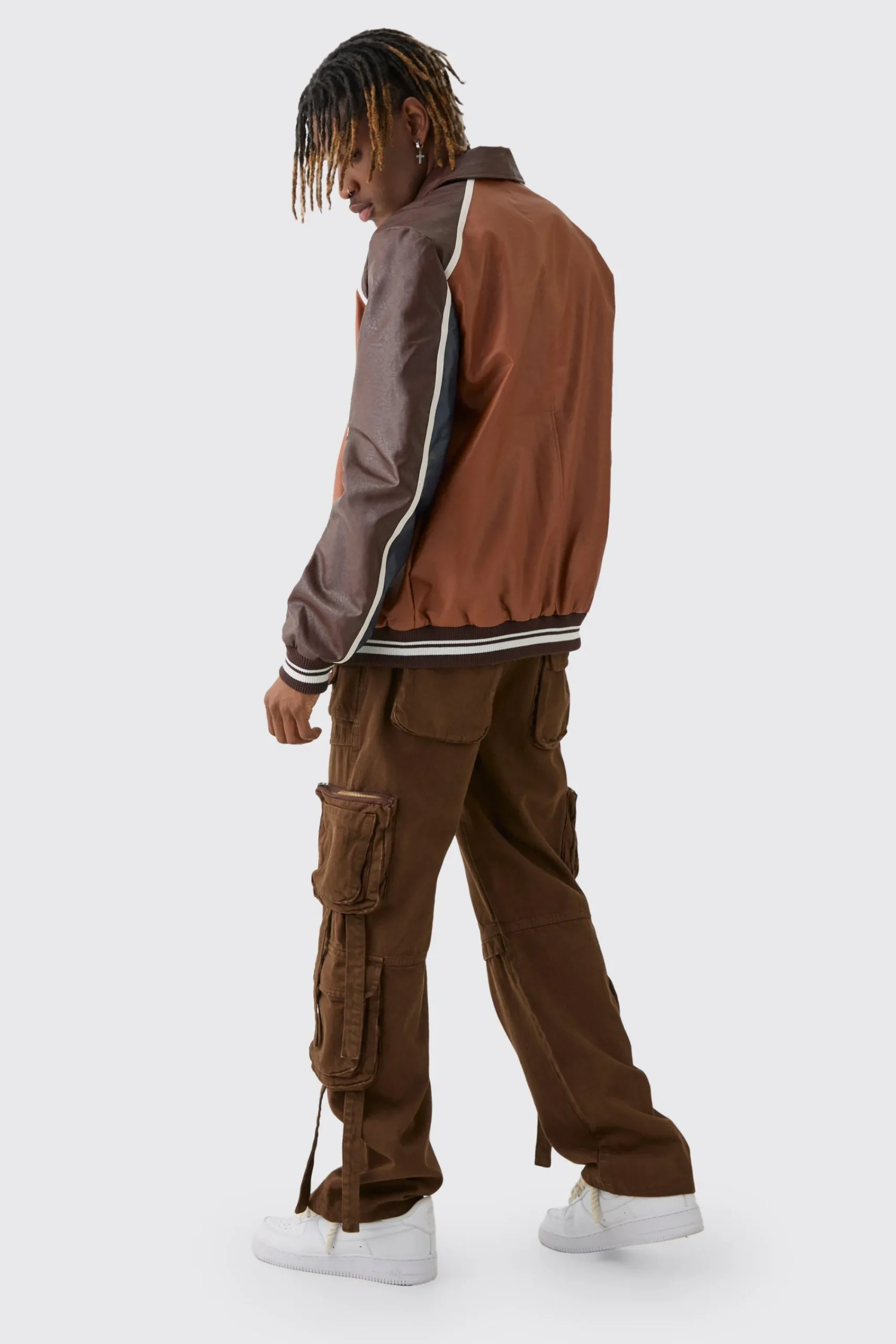 boohooMAN Tall BM Badge Collared PU Varsity Jacket In | UK| Coats & Jackets