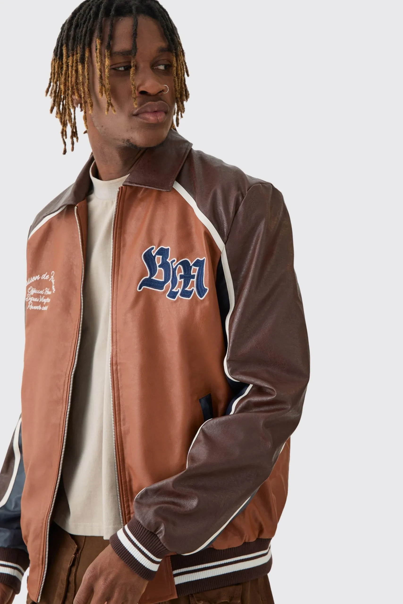 boohooMAN Tall BM Badge Collared PU Varsity Jacket In | UK| Coats & Jackets