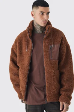 boohooMAN Tall Borg Funnel Neck Jacket With PU Pocket In | UK| Coats & Jackets