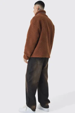 boohooMAN Tall Borg Funnel Neck Jacket With PU Pocket In | UK| Coats & Jackets