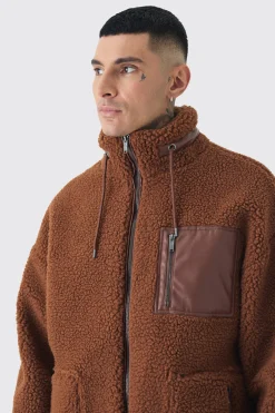 boohooMAN Tall Borg Funnel Neck Jacket With PU Pocket In | UK| Coats & Jackets
