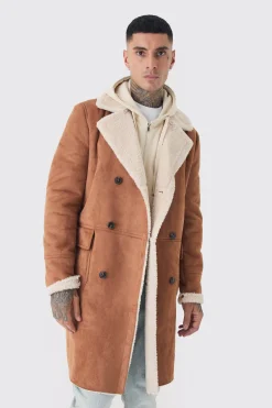 boohooMAN Tall Borg Lined Double Breasted Overcoat In | UK| Coats & Jackets