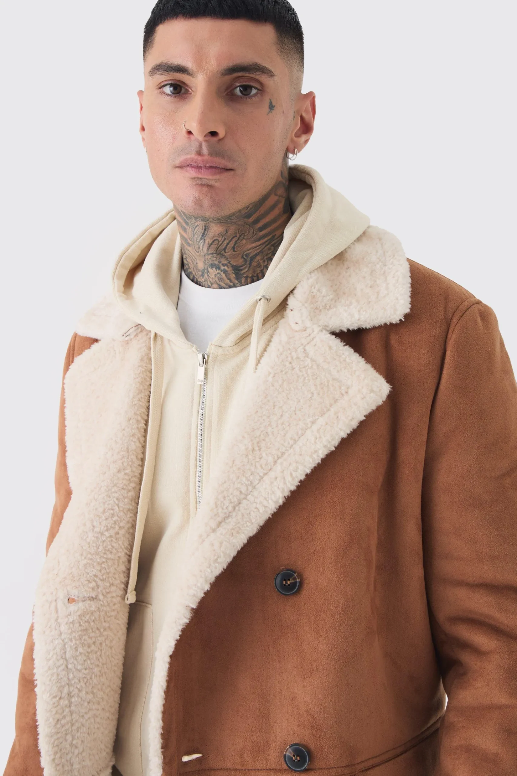 boohooMAN Tall Borg Lined Double Breasted Overcoat In | UK| Coats & Jackets