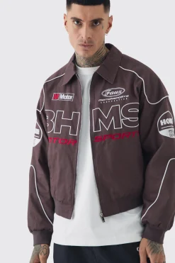 boohooMAN Tall Boxy Badge Twill Moto Jacket In | UK| Coats & Jackets