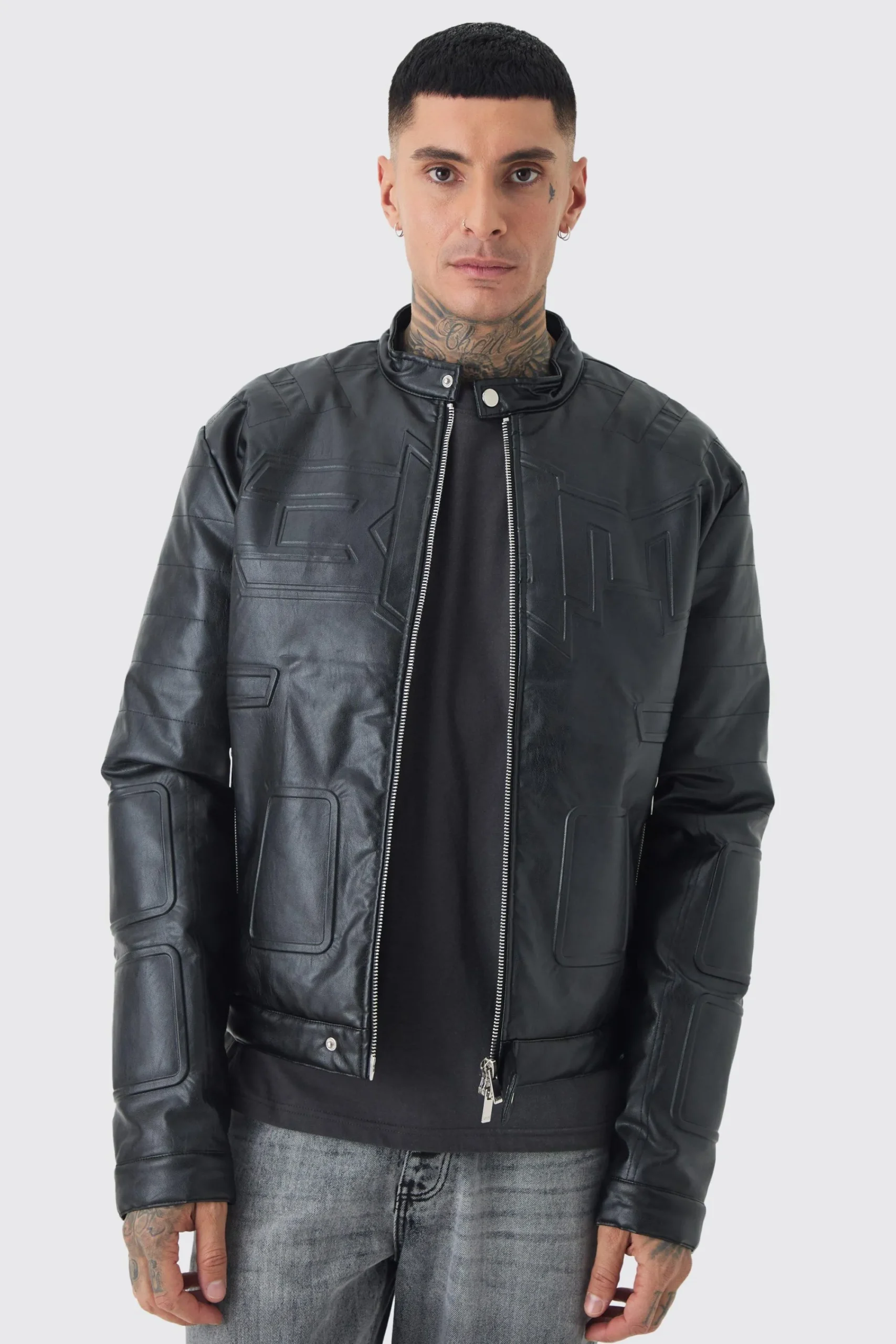 boohooMAN Tall Boxy BHM PU Collarless Moto Biker Jacket In | UK| Coats & Jackets