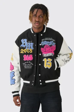 boohooMAN Tall Boxy Homme Badge PU Sleeve Varsity Jacket In | UK| Coats & Jackets