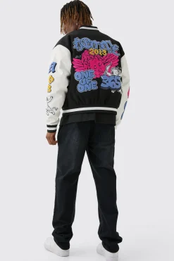 boohooMAN Tall Boxy Homme Badge PU Sleeve Varsity Jacket In | UK| Coats & Jackets
