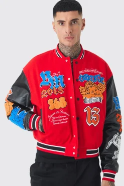 boohooMAN Tall Boxy Homme Badge PU Sleeve Varsity Jacket In | UK| Coats & Jackets