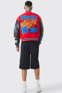 boohooMAN Tall Boxy Homme Badge PU Sleeve Varsity Jacket In | UK| Coats & Jackets