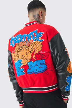 boohooMAN Tall Boxy Homme Badge PU Sleeve Varsity Jacket In | UK| Coats & Jackets