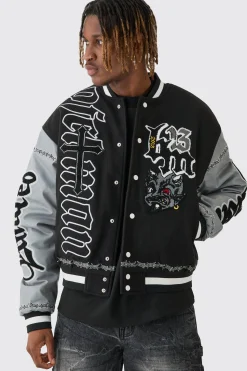 boohooMAN Tall Boxy Limited Badge PU Sleeve Varsity Jacket In | UK| Coats & Jackets