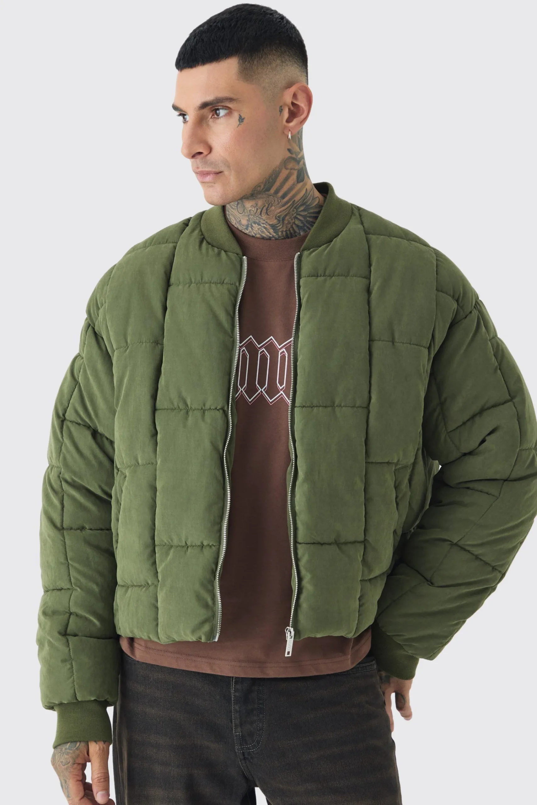 boohooMAN Tall Boxy Peached Square Quilted Bomber Jacket | UK| Coats & Jackets