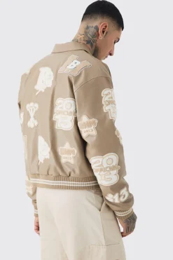 boohooMAN Tall Boxy PU Tonal Badge Varsity Jacket | UK| Coats & Jackets
