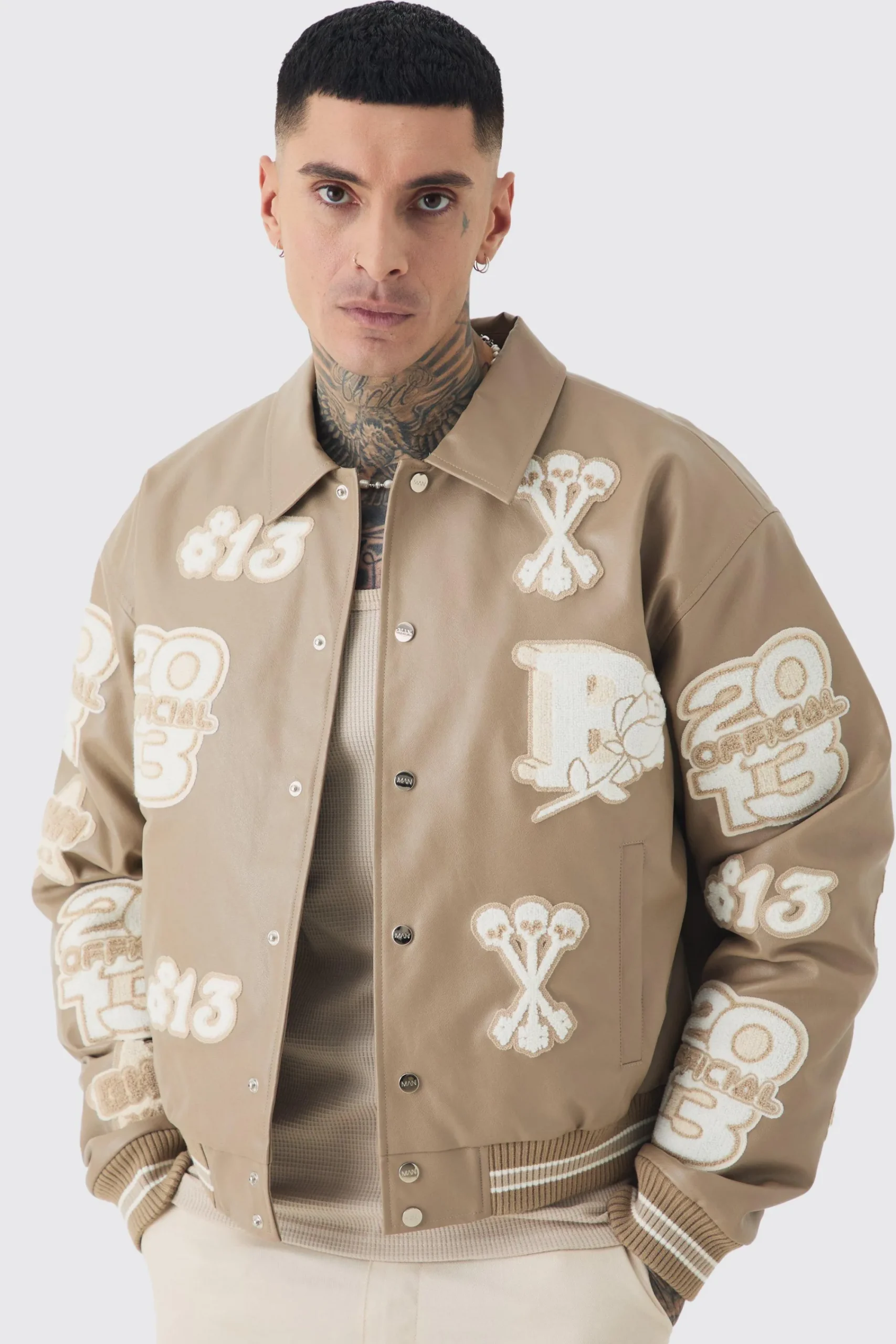 boohooMAN Tall Boxy PU Tonal Badge Varsity Jacket | UK| Coats & Jackets