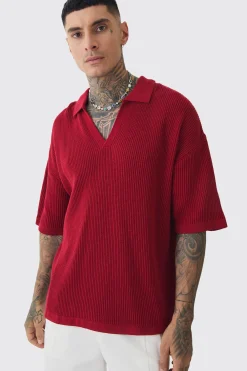 Tall Boxy Short Sleeve Ribbed Knit Polo | UK^boohooMAN New