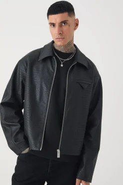 boohooMAN Tall Boxy Textured PU Harrington Jacket In | UK| Coats & Jackets