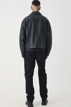 boohooMAN Tall Boxy Textured PU Harrington Jacket In | UK| Coats & Jackets