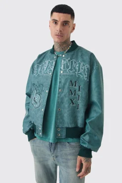 boohooMAN Tall Boxy Tonal Badge Tumbled PU Varsity Jacket In | UK| Coats & Jackets