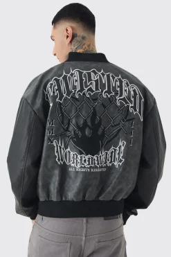 boohooMAN Tall Boxy Tonal Badge Tumbled PU Varsity Jacket In | UK| Coats & Jackets