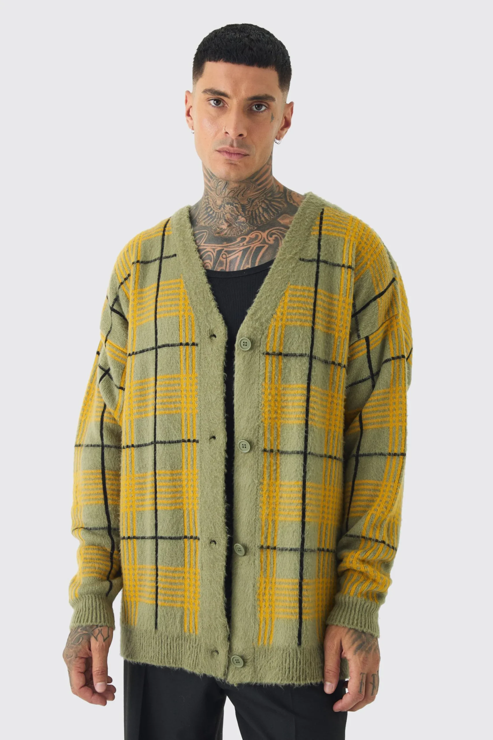 boohooMAN Tall Brushed Knit Check Drop Shoulder Cardigan | UK| Knitwear