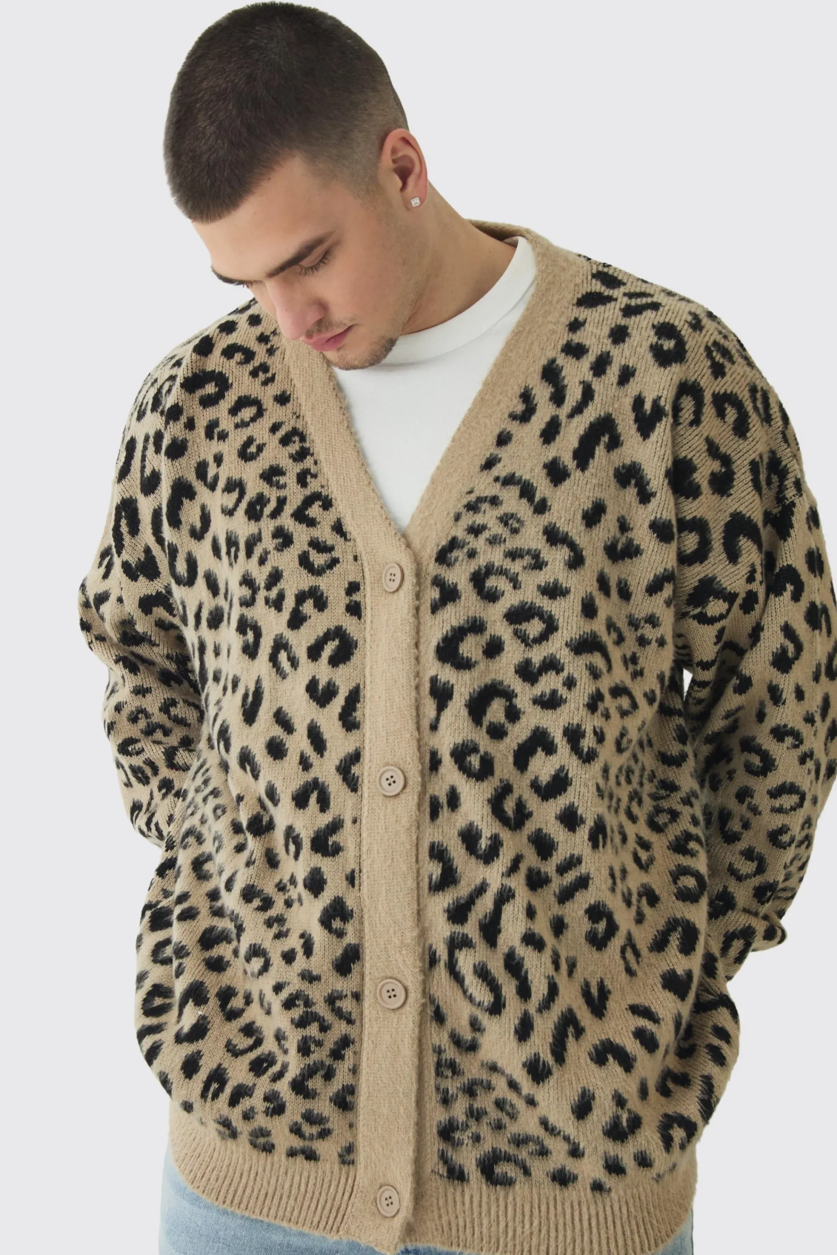 boohooMAN Tall Brushed Knit Leopard Print Oversized Cardigan | UK| Knitwear