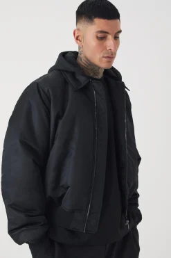 boohooMAN Tall Collared Boxy Bomber Jacket With Jersey Hood In | UK| Coats & Jackets
