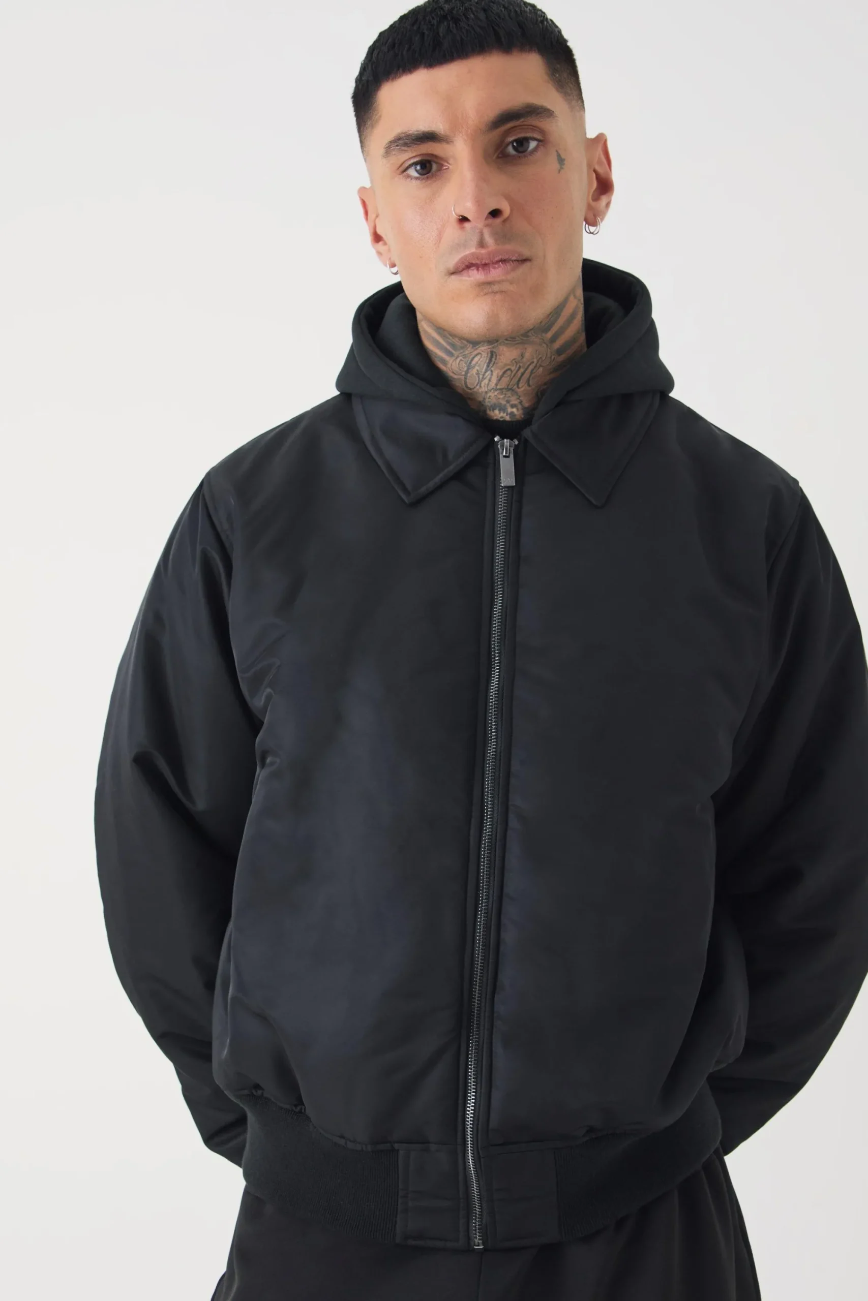 boohooMAN Tall Collared Boxy Bomber Jacket With Jersey Hood In | UK| Coats & Jackets