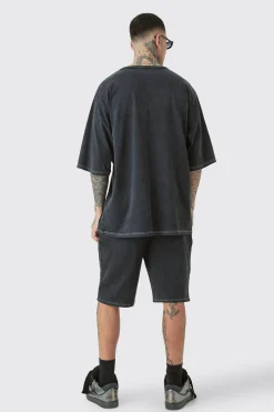 boohooMAN Tall Contrast Stitch Varsity T-shirt & Short Set | UK| Tracksuits