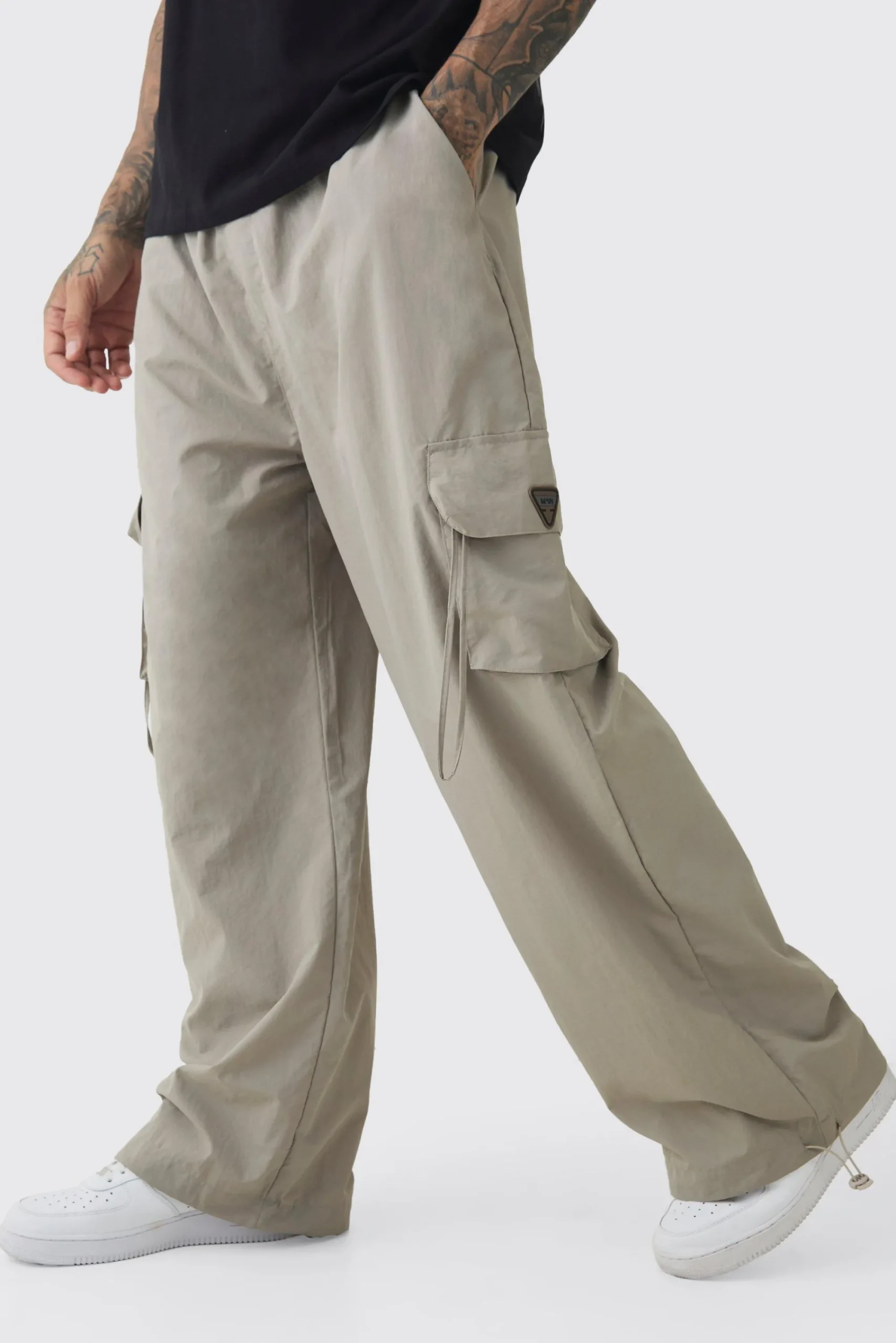 boohooMAN Tall Crinkle Nylon Cargo Parachute Trousers In | UK| Trousers