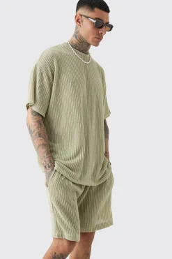 boohooMAN Tall Crochet Rib T-shirt & Short Set | UK| Tracksuits