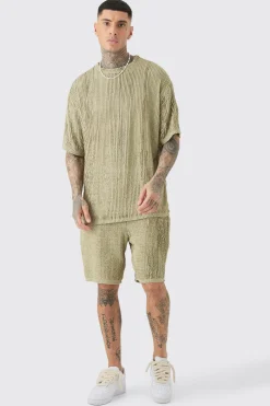 Tall Crochet Rib T-Shirt & Short Set | UK^boohooMAN