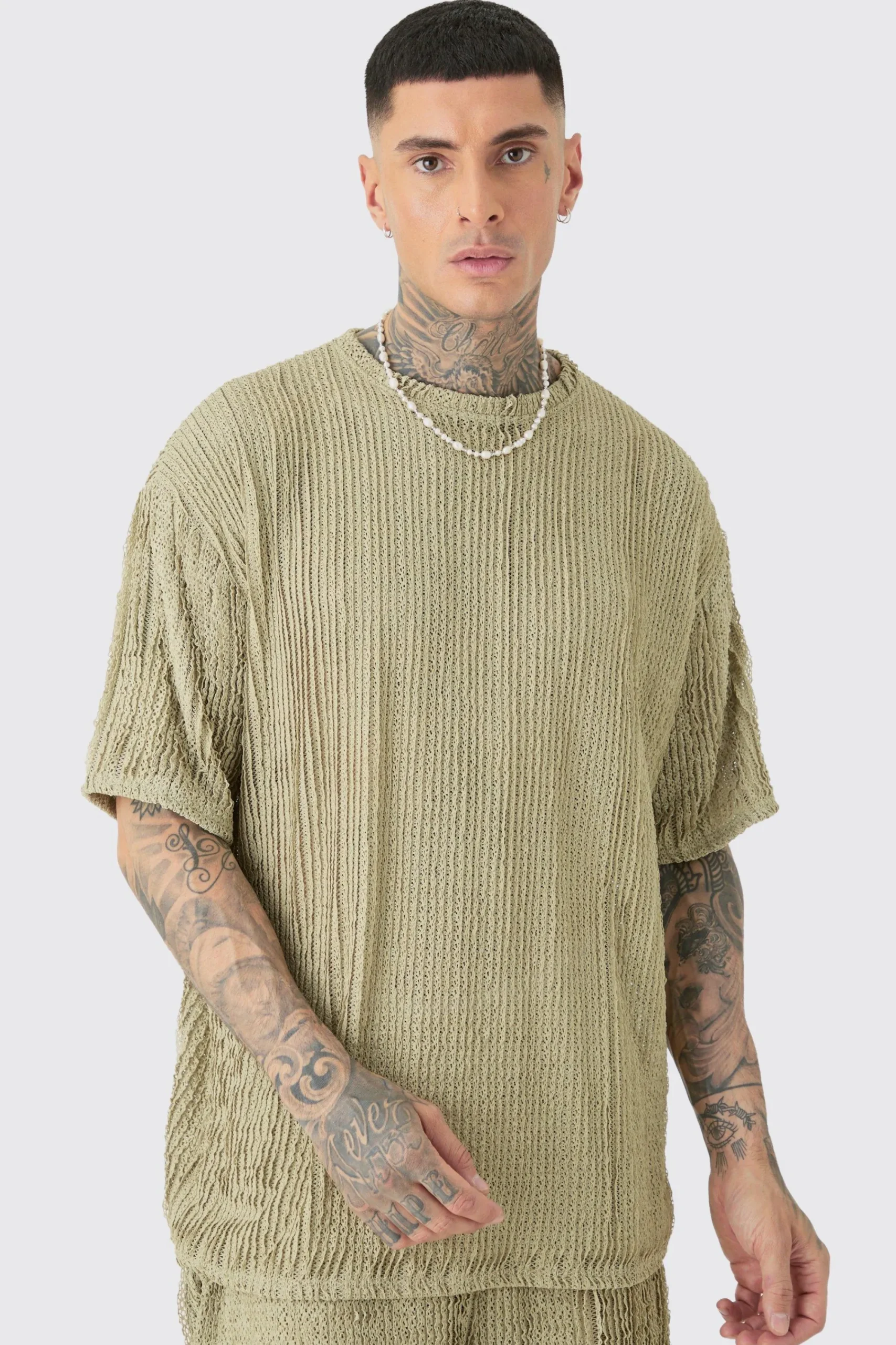 Tall Crochet Rib T-Shirt & Short Set | UK^boohooMAN