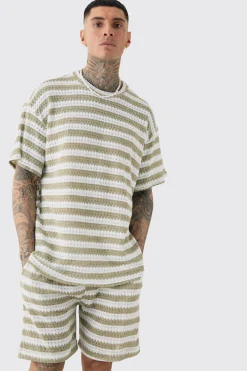 boohooMAN Tall Crochet Striped T-shirt & Short Set | UK| Tracksuits