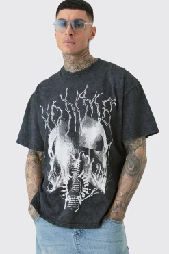 Tall Distressed Oversized Acid Wash Gothic Print T-shirt | UK^boohooMAN Clearance