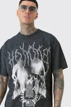 Tall Distressed Oversized Acid Wash Gothic Print T-shirt | UK^boohooMAN Clearance