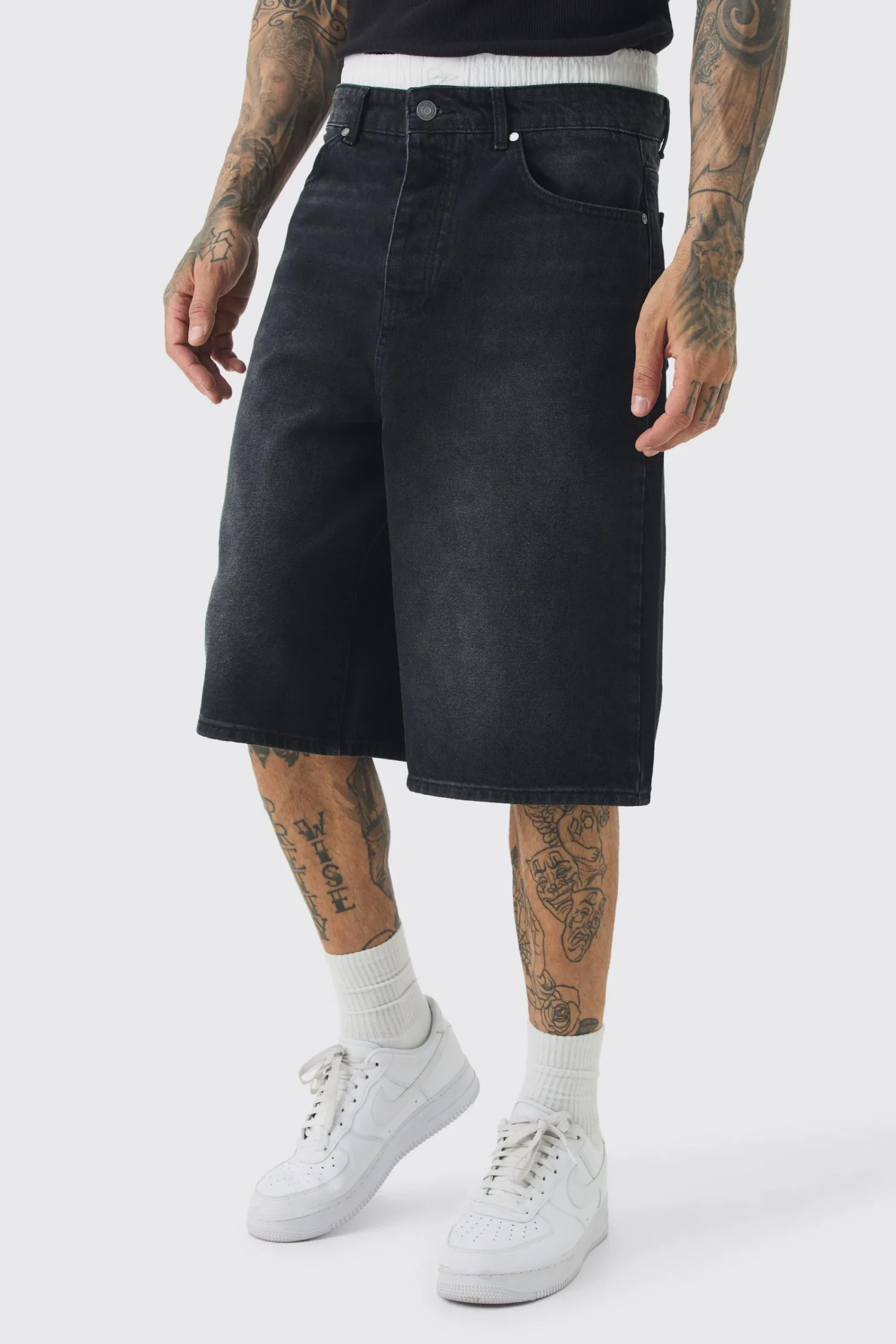 Tall Double Waist Band Denim Jorts In | UK^boohooMAN Online