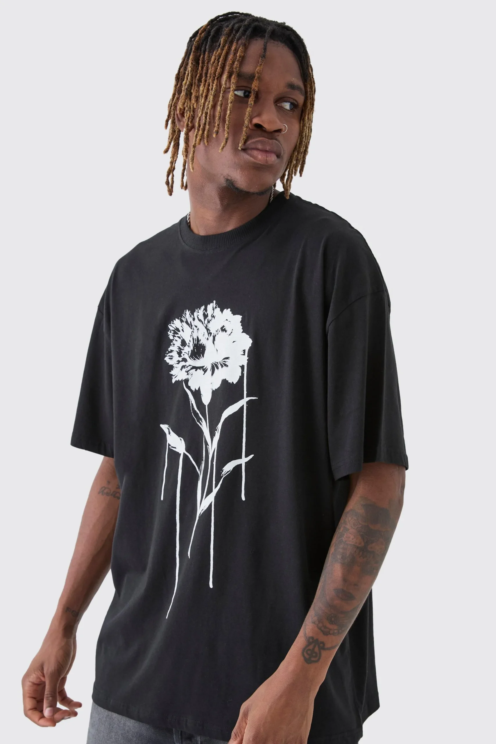Tall Drip Floral Print Oversized T-Shirt | UK^boohooMAN
