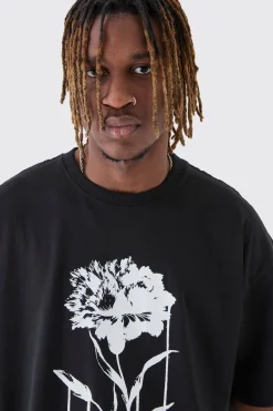 Tall Drip Floral Print Oversized T-Shirt | UK^boohooMAN