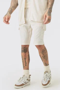 boohooMAN Tall Elasticated Waist Relaxed Linen Cargo Shorts In | UK| Shorts