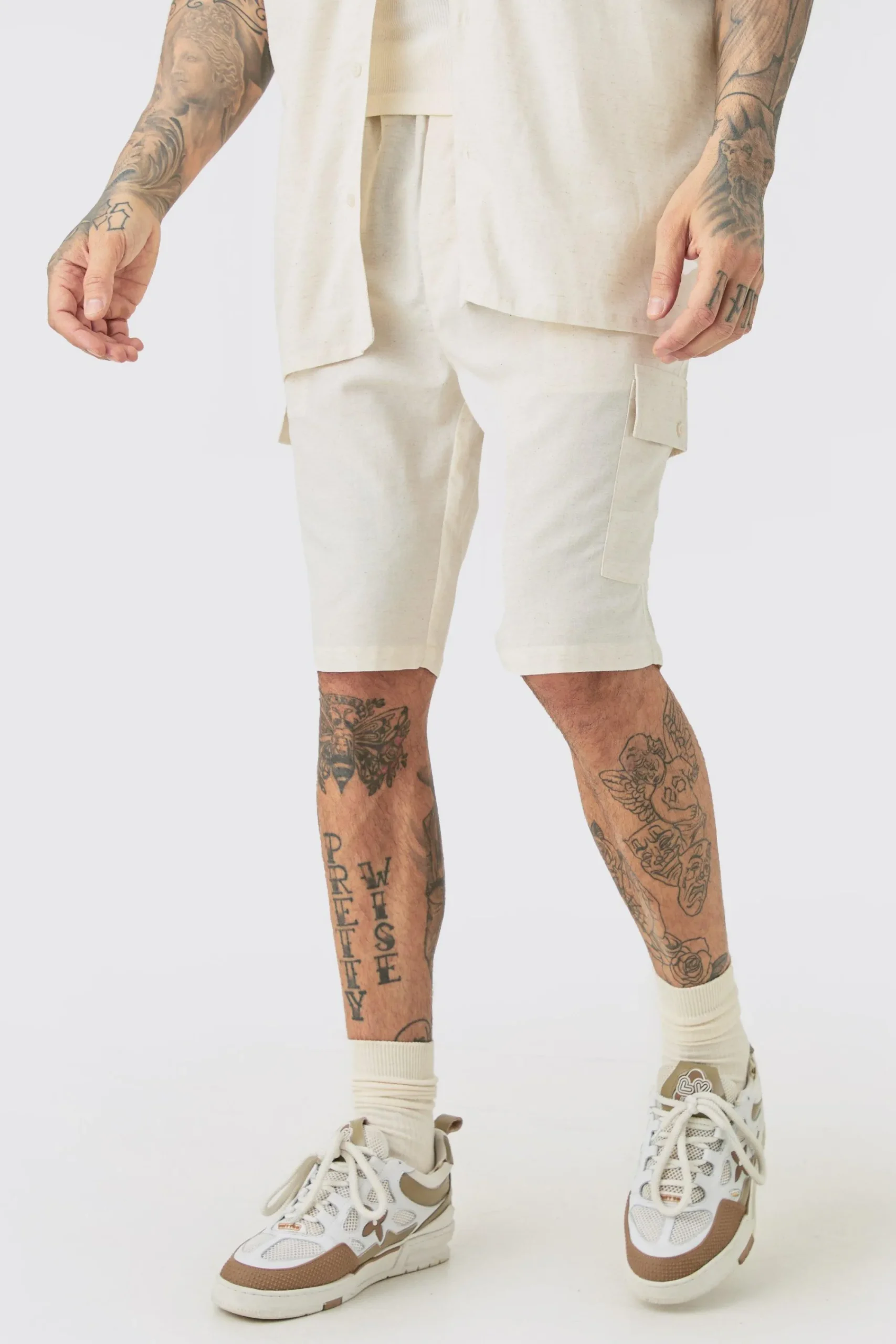 boohooMAN Tall Elasticated Waist Relaxed Linen Cargo Shorts In | UK| Shorts