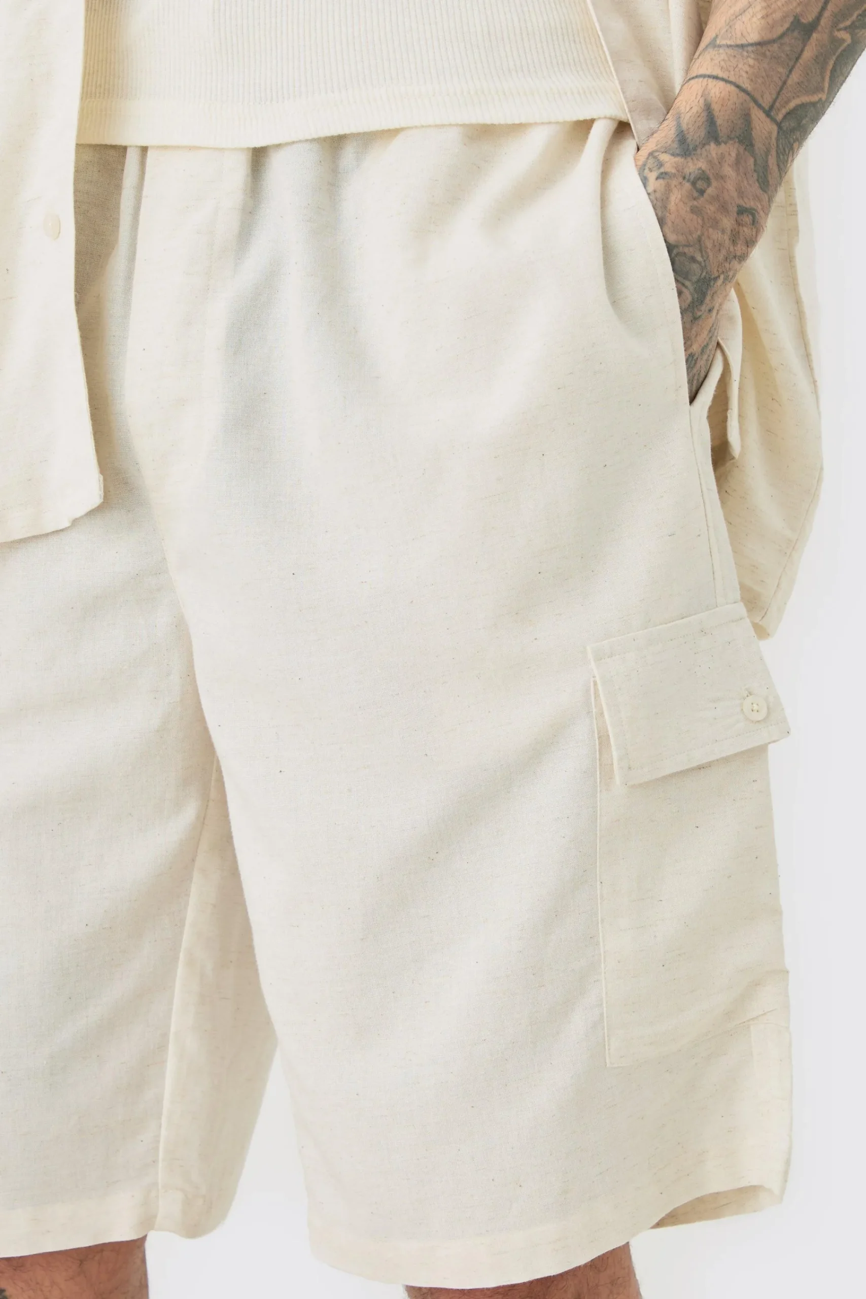 boohooMAN Tall Elasticated Waist Relaxed Linen Cargo Shorts In | UK| Shorts